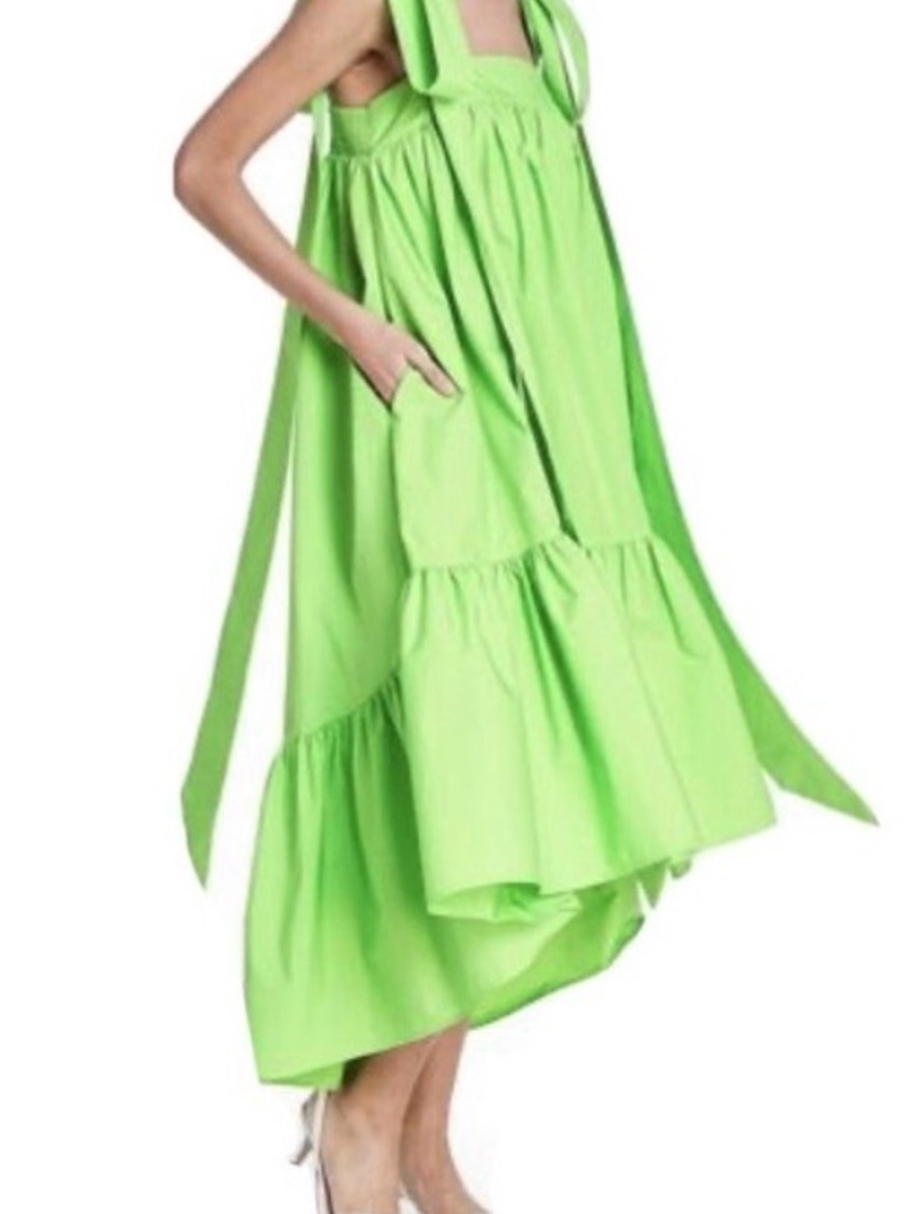 Christopher John Rogers Neon Green Tiered Maxi Dress with Tie Straps